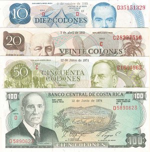 Costa Rica - 10, 20, 50, 100 Colones - P-set - 1974-1985 dated Foreign Paper Money